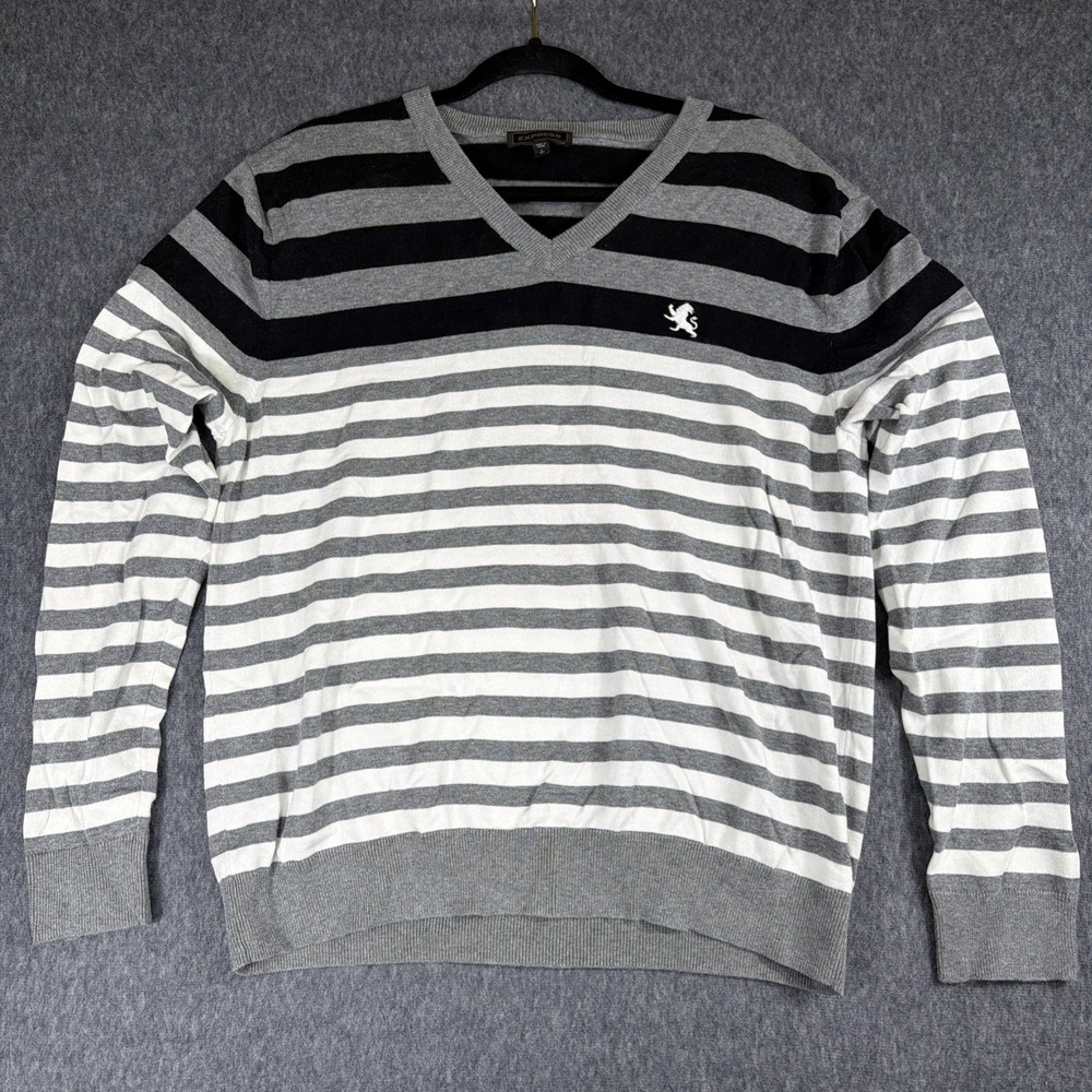 Express Sweater Mens Large Black Gray White Striped Pullover Large Long‎ Sleeve